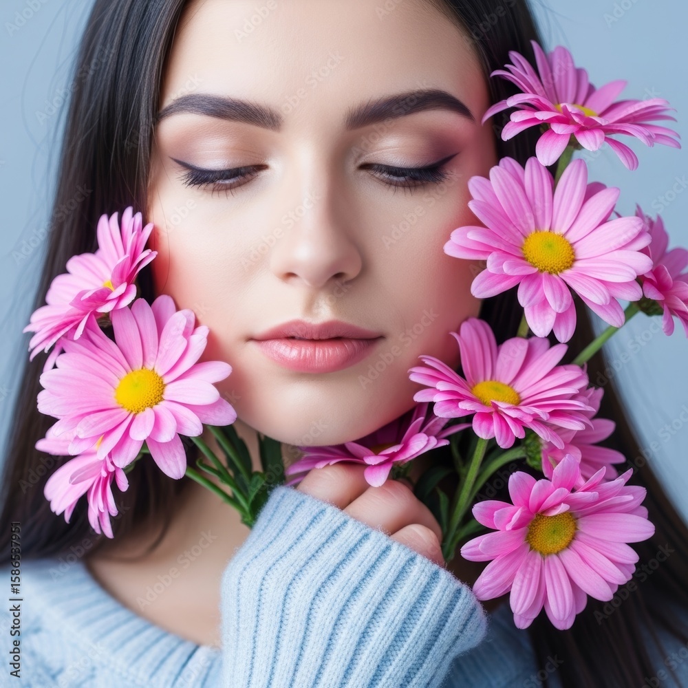 Serene Woman Embraces Vibrant Pink Daisies Serene Woman Embraces Vibrant Pink Daisies
