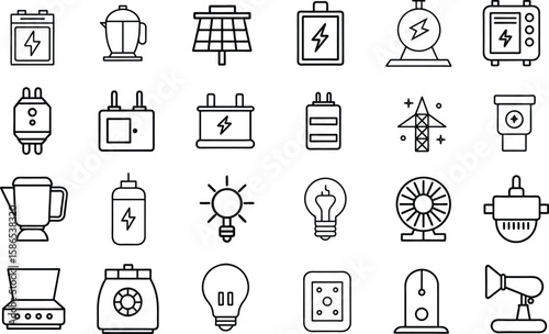 24 Electricity Line Art Vector Icons – Minimal Outline Icons of Electrical Tools, Devices, and Components for Energy and Power Projects