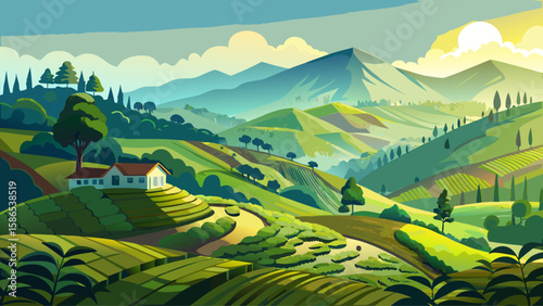 Nuwara Eliya, Central Province, Sri Lanka – Rolling green hills of tea plantations shimmer under morning mist. , great for vibrant vector storytelling.