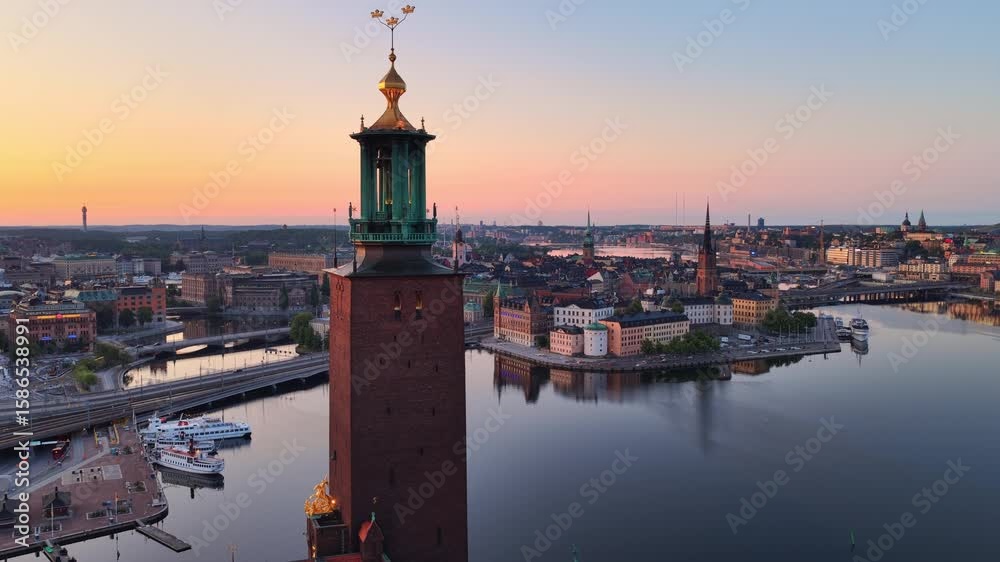 drone shot of Stockholm at sunrise, Stockholm is the capital of Sweden, Swedish city of Stockholm aerial video, Scandinavian city of Stockholm