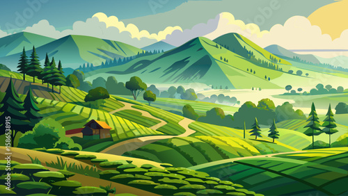Nuwara Eliya, Central Province, Sri Lanka – Rolling green hills of tea plantations shimmer under morning mist. , great for vibrant vector storytelling.