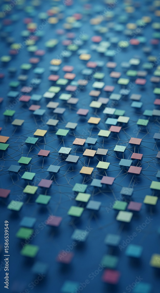 Fototapeta premium Abstract image of interconnected pastel squares on a blue background, representing network, connection, or system concept