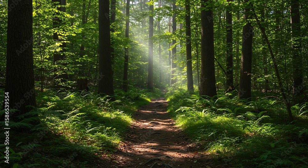 Obraz premium A sunlit forest path winds through lush green foliage, creating a tranquil and inviting scene.
