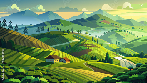 Nuwara Eliya, Central Province, Sri Lanka – Rolling green hills of tea plantations shimmer under morning mist. , great for vibrant vector storytelling.