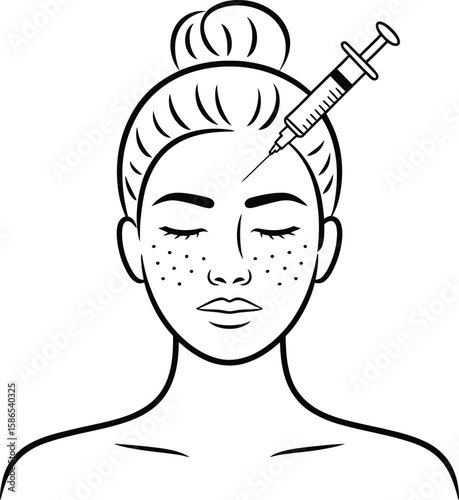 Vector Facial Beauty Treatments: Woman's Face with Syringe and Cosmetic Injections.