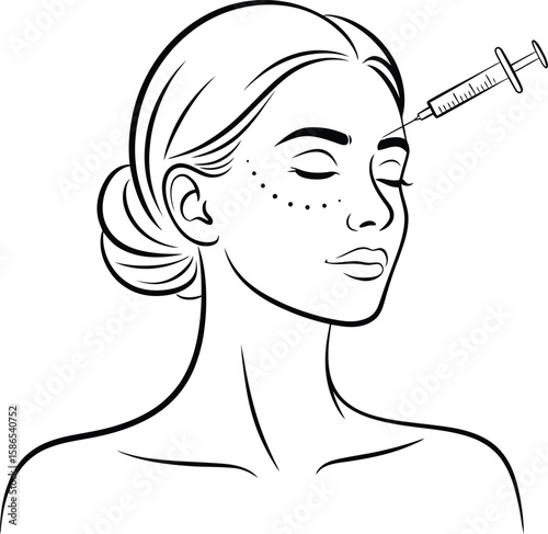 Vector Facial Injection Line Art: A Woman Receiving Cosmetic Treatment for Beauty.
