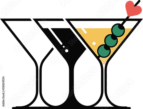 Three martini glasses with different fills and a heart garnish on the rightmost glass illustration