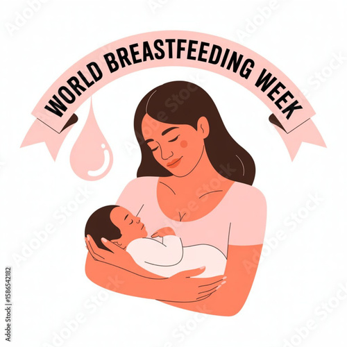 World Breastfeeding Week  with mother and baby. Minimal background, banner, poster, illustration with lettering breastfeeding.vector illustration  Isolated on white background
