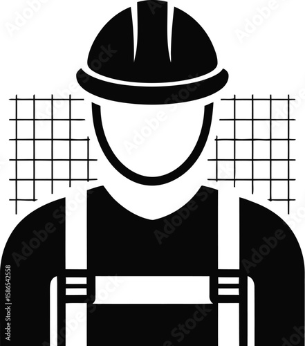 A black and white icon of a construction worker wearing a hard hat and suspenders over a grid background