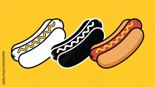 Three hot dogs in different styles on a yellow background with mustard topping and simple design style