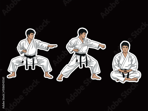 Karate Training Sequence: A dynamic illustration showcases a karateka progressing through three key stances: a low, ready stance, a mid-level strike, and a seated meditation pose.