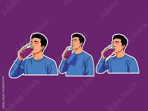 Cool Refreshment: An animated sequence captures the essence of satisfaction as a person enjoys a refreshing beverage. A stylish display of enjoyment in purple background.