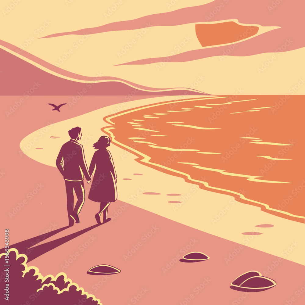 Fototapeta premium Couple walking on scenic beach at sunset from above in modern flat illustration style