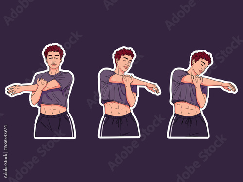 Workout Sequence: A series of three illustrations captures the essence of a stretching workout, showcasing a person engaging in different exercises. These exercises bring relaxation and flexibility