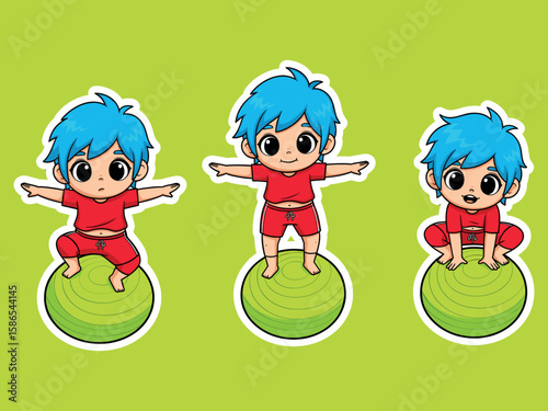 Balance and Fun: Adorable character demonstrates balance exercises on fitness ball, illustrating the joy and importance of physical activity.