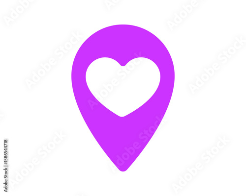 A stylish purple map pointer icon featuring a heart. Symbolizes finding love, favorite places, and destinations of affection. Ideal for dating apps, travel blogs and social media.