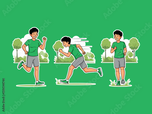 Runner in Action: A dynamic illustration of a runner in various stages of action. The athlete, bathed in energetic hues of green, embodies vitality and the spirit of healthy living.