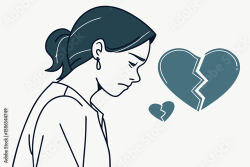 Woman looking down at broken heart in modern flat illustration style