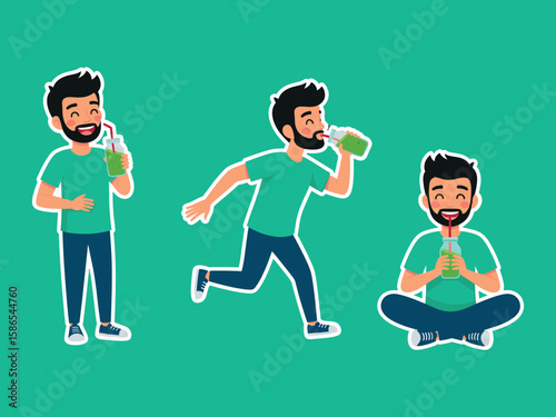 Man's Green Smoothie Journey: A set of cheerful illustrations of a man drinking green smoothie in different scenarios - enjoying refreshment, running with smoothie, and meditating peacefully with it.