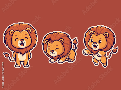Cartoon Lion Trio: Three adorable cartoon lions pose happily against a vibrant background. Each lion showcases a unique stance, from a cheerful standing position to a playful seated posture.