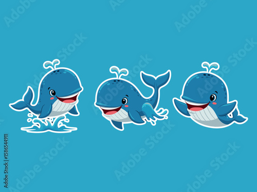 Playful Pod of Whales: Three charming cartoon whales frolic in the ocean's embrace, their friendly smiles and playful gestures. A delightful illustration of oceanic joy