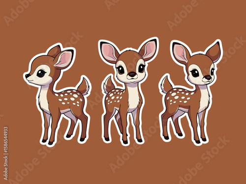 Cute Fawn Trio: Adorable cartoon fawn character set against a soft backdrop, evokes a feeling of playfulness. 