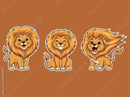 Cartoon Lions in Warm Delight: A heartwarming composition of three cartoon lions, each exuding playful charm and joy against a warm, inviting background.