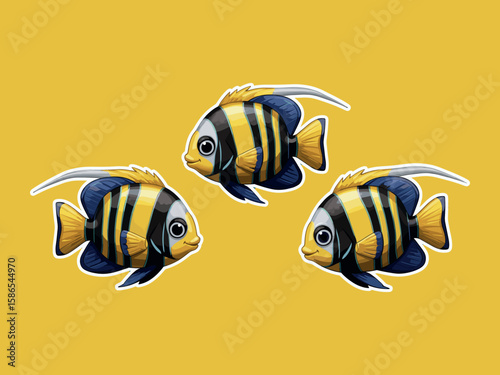 Tropical Trio: Three vibrant cartoon fish swim gracefully against a lively yellow backdrop, their exquisite shapes creating a stunning scene of underwater harmony and movement. 