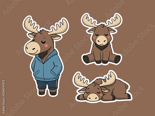 Cozy moose characters: A set of charming cartoon moose illustrations in various poses, featuring friendly expressions and cuddly designs. 