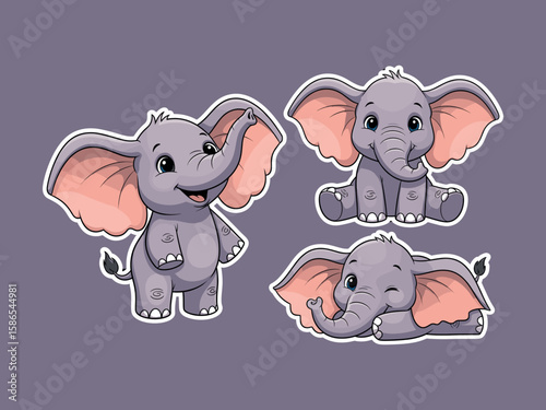Playful Elephant Sticker Collection: A charming assortment of cartoon elephants, capturing their delightful expressions and playful poses. This adorable ensemble is perfect for children's projects.
