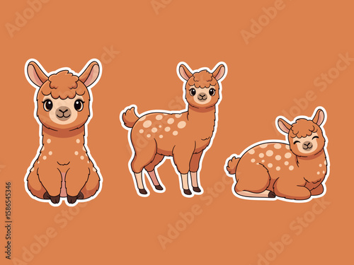 Cartoon Alpaca Collection: Adorable cartoon alpaca characters, each displaying unique poses on a soft, warm background, bringing a touch of playful charm and whimsical fun.
