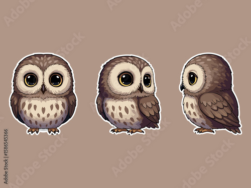 Adorable Owl Trio: Three charming owl illustrations, each showcasing a unique pose, captivate with their large, expressive eyes, highlighting the endearing nature of these feathered friends. 