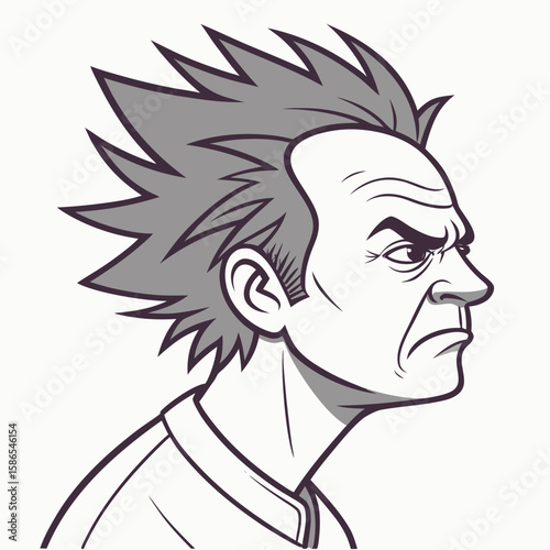Illustration of an angry man with spiky hair looking to the side in black and white style design art created with generated ai