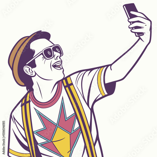 Man with hat and sunglasses taking a selfie with his smartphone in a vector style illustration created with generated ai