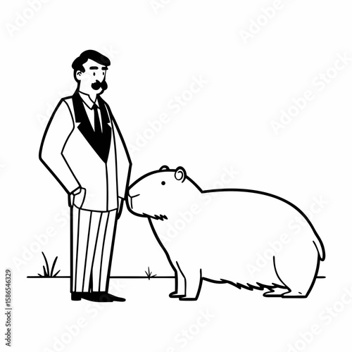 Man in suit standing next to a capybara in a field with grass in a black and white drawing style created with generated ai