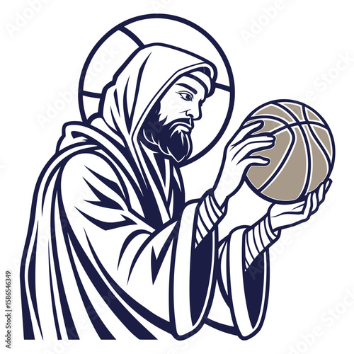 Illustration of a religious figure in robes holding a basketball with a halo above his head design created with generated ai