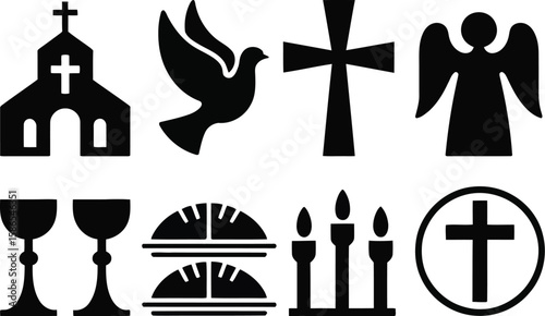 Black and white christian symbols including church dove cross angel chalices bread candles and cross in circle