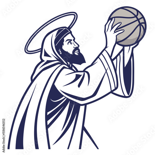 Illustration of jesus christ with a halo preparing to shoot a basketball in a stylized design created with generated ai