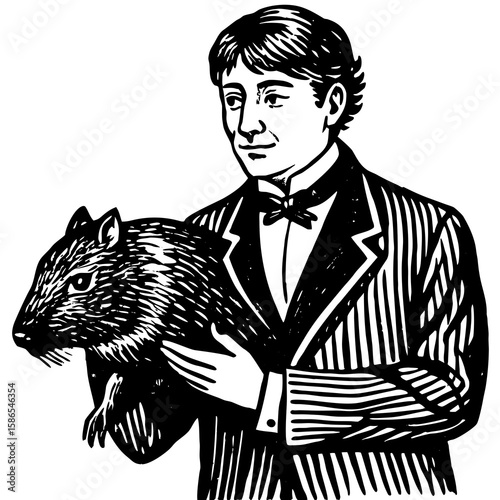 Man in striped suit holding a large rodent with detailed fur in a vintage woodcut style image art created with generated ai