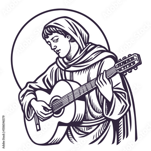 Illustration of a hooded figure playing an acoustic guitar with a halo behind their head in black and white created with generated ai