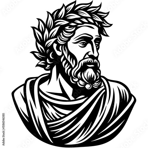 Illustration of a man with a beard wearing a laurel wreath and a toga in black and white style created with generated ai