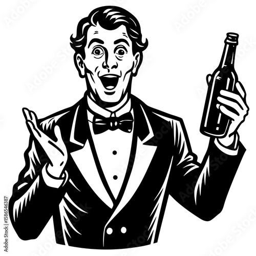 Man in tuxedo holding bottle with excited expression and gesturing with his other hand in black and white created with generated ai