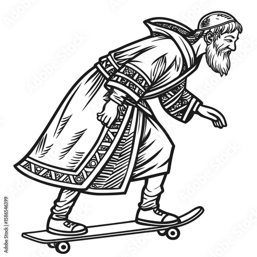 Illustration of a bearded man in robes skateboarding with a hat and shoes in black and white style created with generated ai
