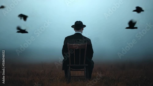 Man in a suit seated in a field with birds flying above him