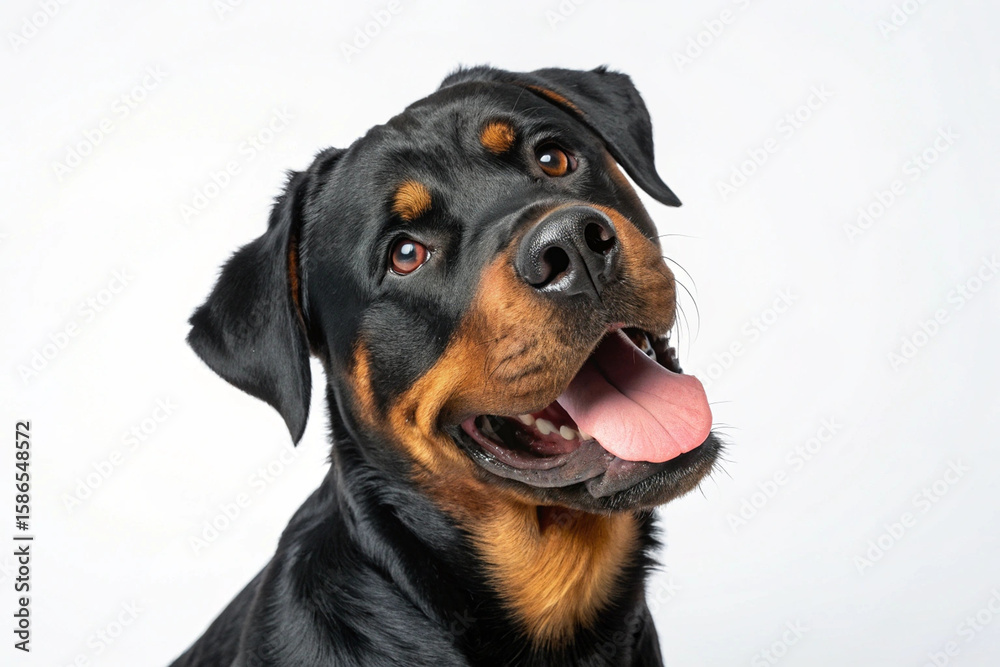 Fototapeta premium Studio portrait of a happy Rottweiler dog with tongue out on white background