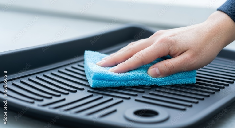 Fototapeta premium Hand Cleaning Black Grill with Blue Sponge