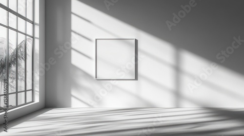 Minimalist interior scene featuring a blank framed canvas on a white wall, illuminated by sunlight streaming through a large window, casting shadows on the floor and walls