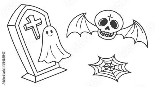 Halloween coloring page featuring ghost, skull bat, tombstone and spiderweb for kids and adults to print