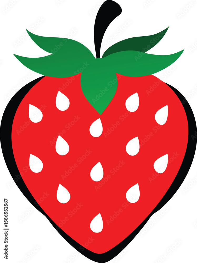 Obraz premium Red Strawberry Illustration Green Leaves White Seeds Black Outline Simple Flat Design vector