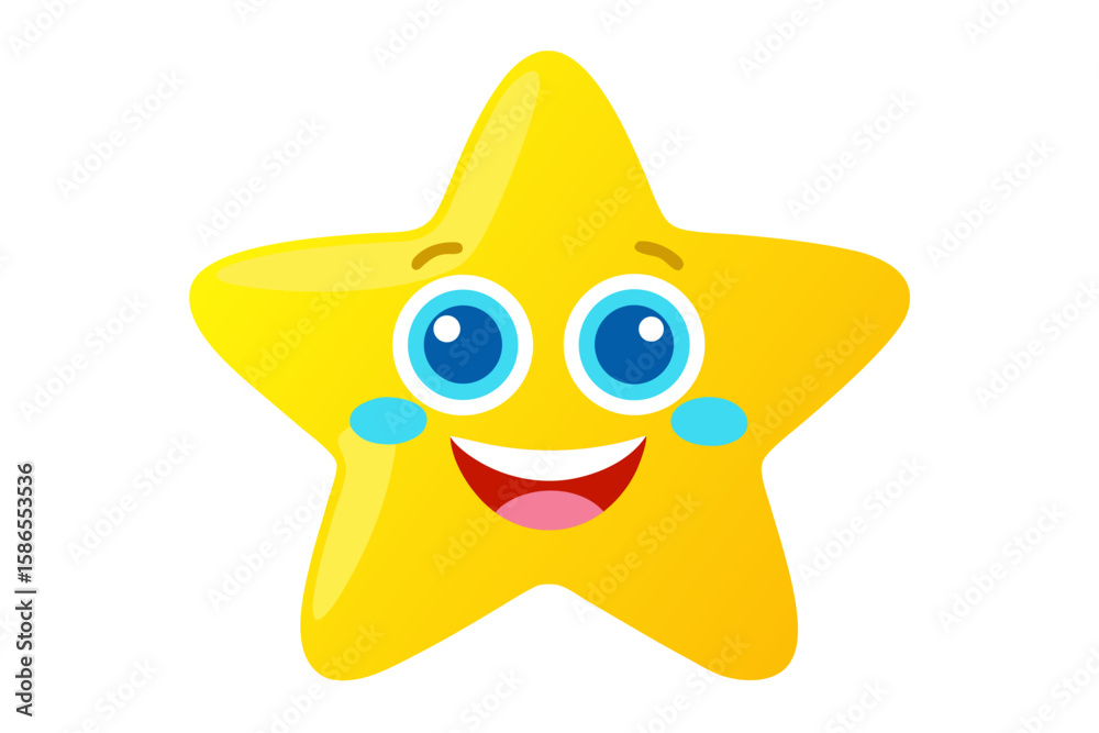 Fototapeta premium Funny, cute, yellow 3D cartoon star character with a happy smile icon